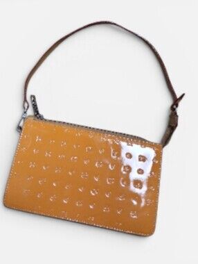 Arcadia Patent Leather Mini Shoulder Bag in Mustard Yellow and Brown Strap